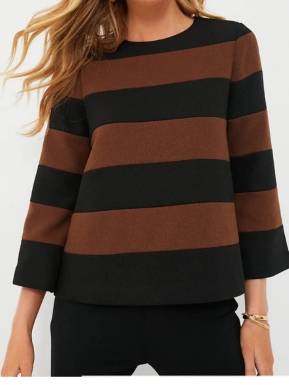 TUCKERNUCK S Mia Blouse Black Brown Stripe Preppy Time-Capsule Minimalist Boxy